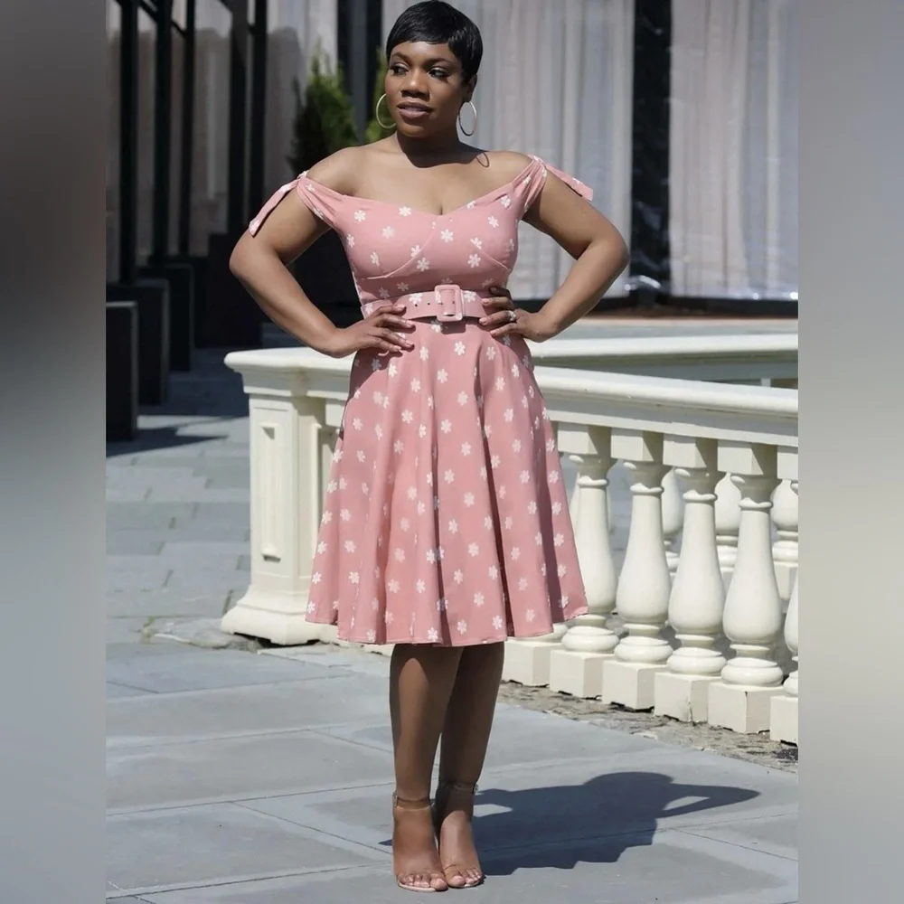 Unique Vintage 50s Prairie Daisy Swing Dress in Powder Pink, Size Large, NWT! - Picture 9 of 16